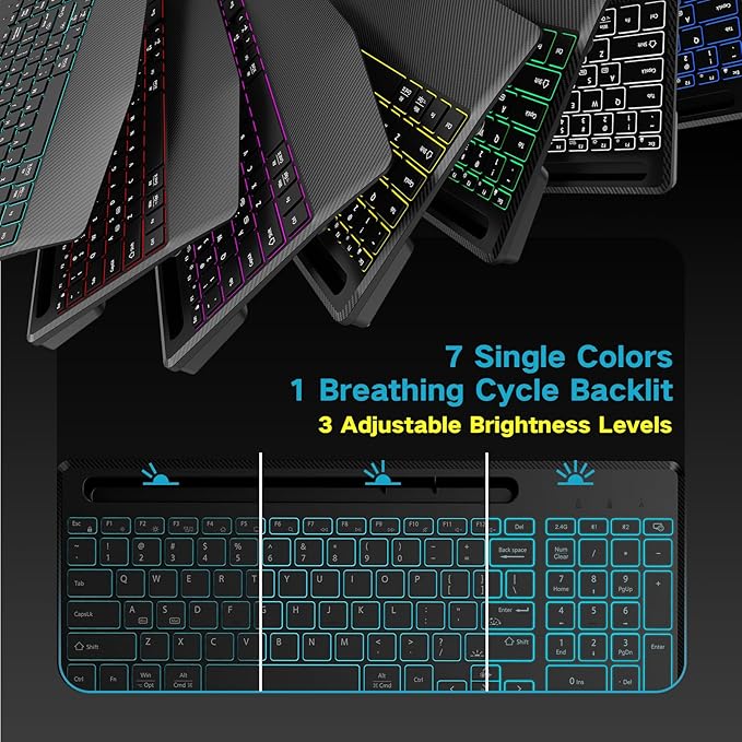 Hamile 2.4G&Bluetooth Wireless Keyboard - Light Up Keyboards with Wrist Rest - 8 Backlit Effects - Slim Rechargeable Silent with Holder for Windows, Mac, Black