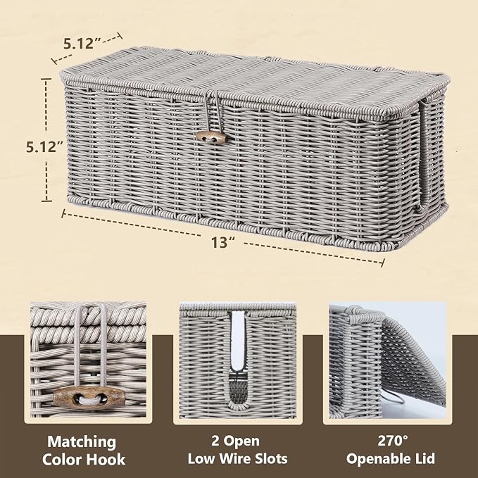 BROWNLILY Cable Management Box, Rattan Style Cord Organizer for Desk Cord Hider Outlet Covers Baby Proofing for Power Strip TV PC Router Charger Under Desk Storage with Lockable Lid and Cable Ties - Image 2