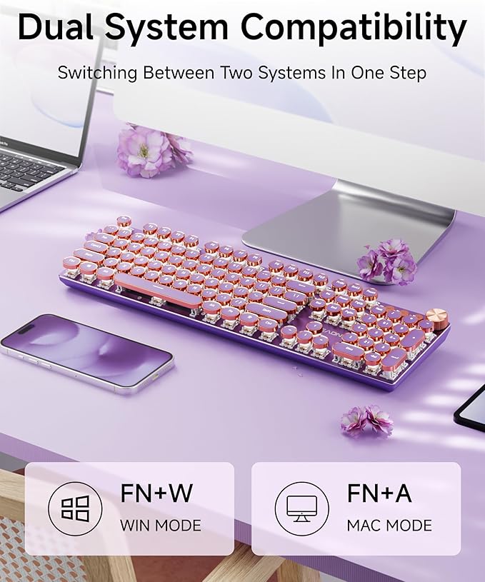 EWEADN V20 Typewriter Keyboard Wireless, 104 Keys Typewriter Style Mechanical with White Backlit, Media Knob, Pink Switch 2.4G/Bluetooth/USB-C Wired Retro Full Size Keyboard for Windows/Mac/PC-Purple