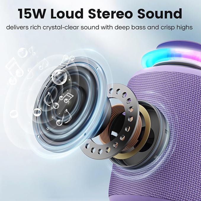 Bluetooth Speaker Wireless,IP67 Waterproof & Dustproof Portable Speaker with Lights,15W Loud Stereo Sound, 2500mAh Battery All Day Playtime, TWS Pairing, BT5.3, Home/Party/Outdoor/Beach (Purple)