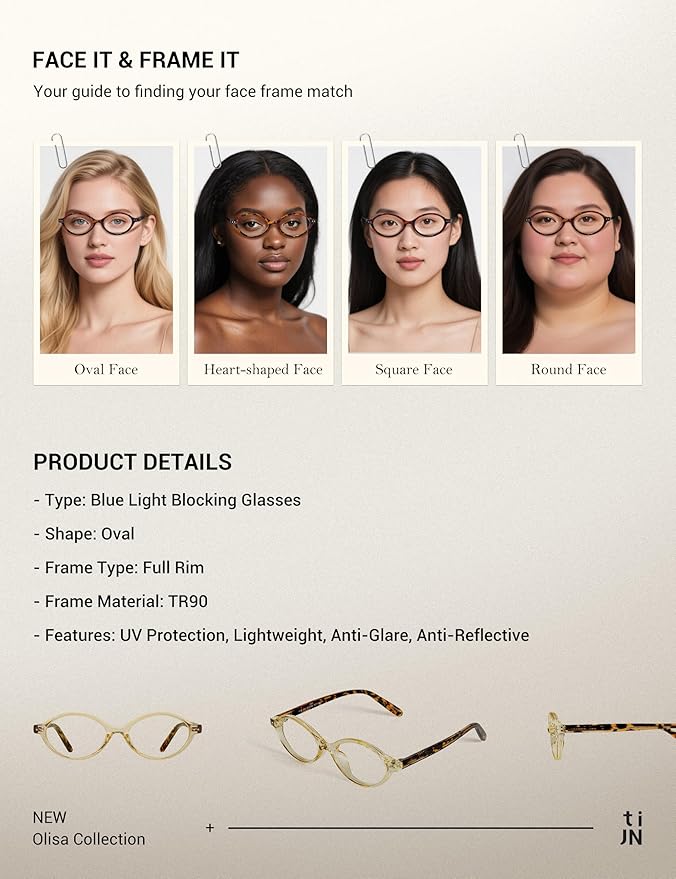 TIJN Olisa Blue Light Blocking Glasses for Women Men,Retro Oval Frame Bluelight Eyeglasses for Gaming/Computer/Screen