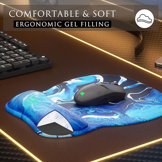 MROCO Ergonomic Mouse Pad with Gel Wrist Rest, Smooth Wrist Support Surface, Non-Slip PU Base for Pain Relief, Comfortable Mousepad for Computer, Laptop, Office & Home, 9.4 x 8.1 in, Blue Waves