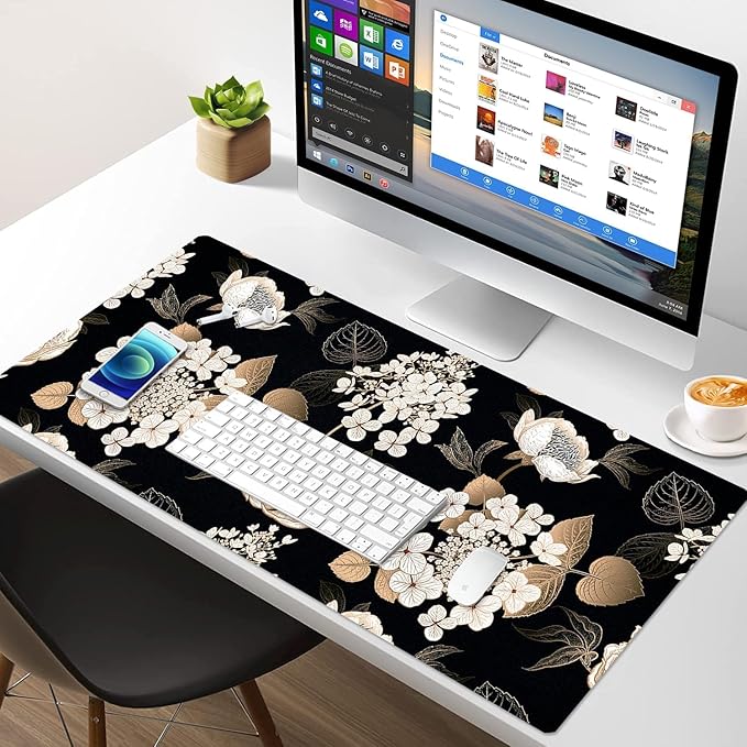 Large Mouse Pad, Desk Mat for Desktop, Dual Side PU Leather Waterproof Gaming Mousepad Desk Pad, Desk Protector Writing Pads Desk Accessories for Office and Home (C-Black Gold Flower, 31.5''X15.8'')