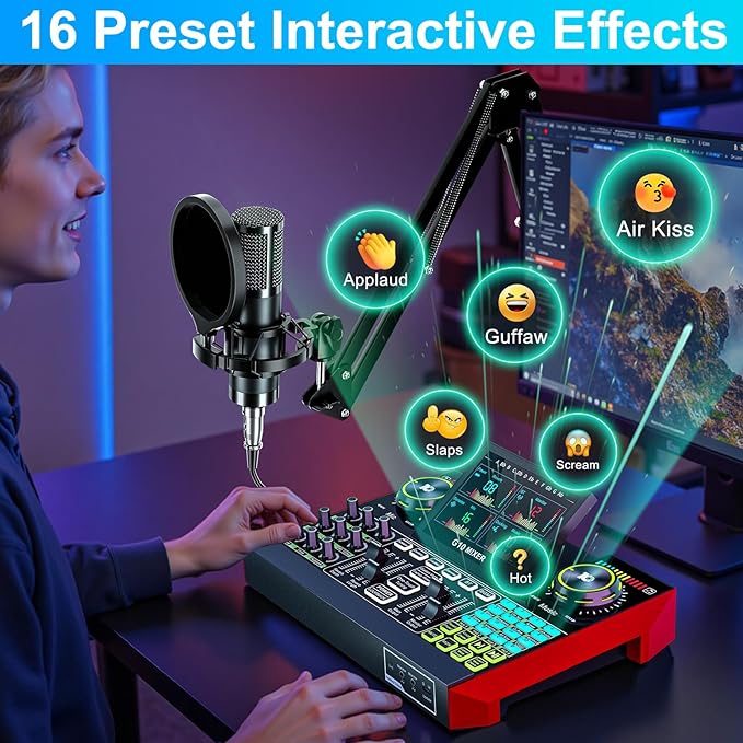 Podcast Microphone Bundle with Live Sound Board Audio Mixer, Podcast Equipment Bundle with 3.5mm Boom Mic(P15) for Pc/Phone Live Streaming Singing Gaming, Voice Changer, Denoise