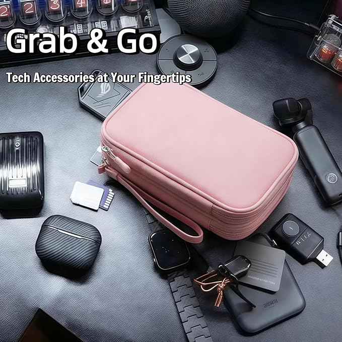 Portable Waterproof Double Layers All-in-One Storage Bag, Travel Cord Organizer，Electronics Accessories Organizer Pouch Bag for Accessories,Charger, USB Cable, Gadget (pink)
