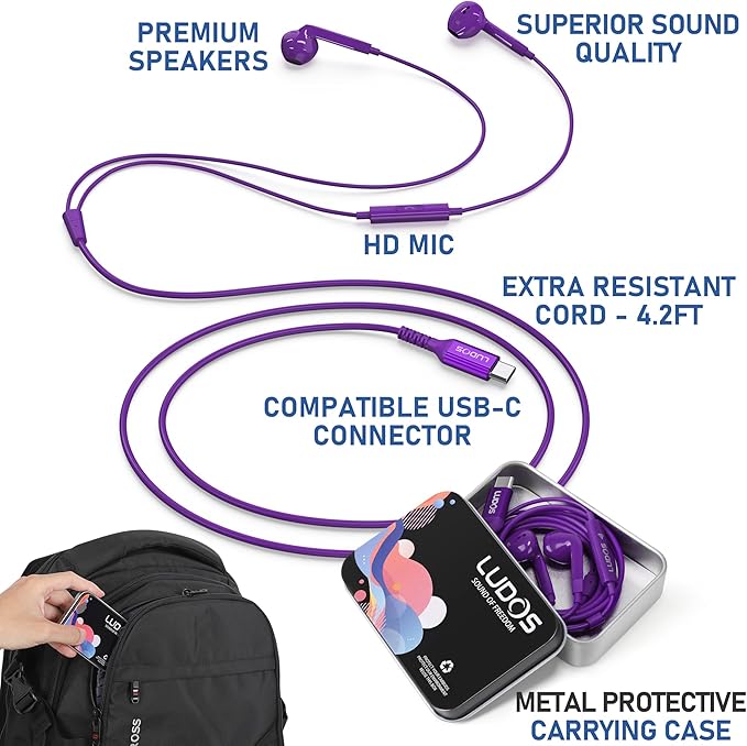 LUDOS FEROX USB C Headphones for iPhone 17 16 15 Pro Max Plus Air iPad Pro, 5 Years Warranty, USB-C Earbuds for Samsung Galaxy S24 S23 Ultra S22 S21 FE S20 Z Flip 3 Fold 4 A53, USB Type C Earphones