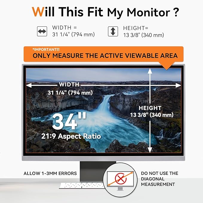 [2-Pack] 34 Inch Computer Blue Light Blocking Screen Protector for 21:9 Widescreen Curved Monitor, Anti Glare Anti-UV Eye Protection Desktop PC LED Monitor Filter, Removable Anti-Scratch Film 34in