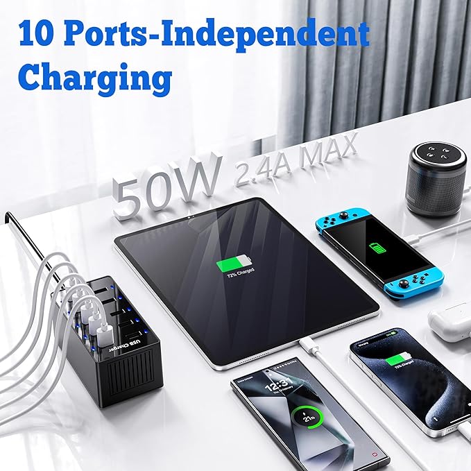 Multiple USB Charger, 10 Port USB Charging Station, Charging Station for Multiple Devices, Charger Block for iPhone 13/14/15/16/Samsung S24/S25 Ultra/Google/iPad/iPod