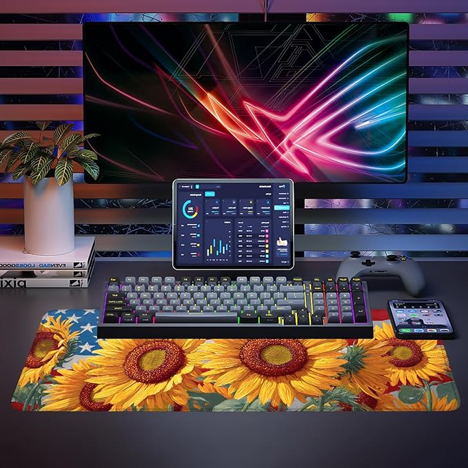 Mouse Pad, Large Anti-Slip with Stitched Edges Desk Mat Desktop Laptop Computer Desk Keyboard Mat,Table Protector Blotter Mat (Sunflower, 31.5" x 11.8")