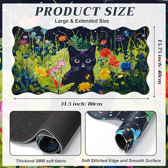 Kingdder Black Cat Floral Scalloped Desk Mat 31.5" x 15.7" Large Cute Cat Mouse Pad Kawaii Keyboard Mat with Nonslip Waterproof Rubber Base Pad for Laptop Computer Gaming Dorm Home Office