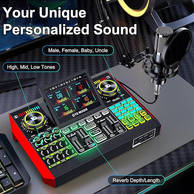 Podcast Microphone Bundle with Live Sound Board Audio Mixer, Podcast Equipment Bundle with 3.5mm Boom Mic(P15) for Pc/Phone Live Streaming Singing Gaming, Voice Changer, Denoise