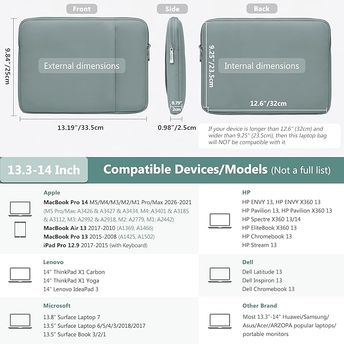 HYZUO 13.3-14 Inch Laptop Sleeve Bag Set for MacBook Pro 14 M5/M4/M3/M2/M1 Pro/Max A3426 A3427 2026-2021, MacBook Air/Pro 13.3, 13.5-13.8" Surface Book/Laptop, Notebook Case for 13.3" HP, Ash Blue