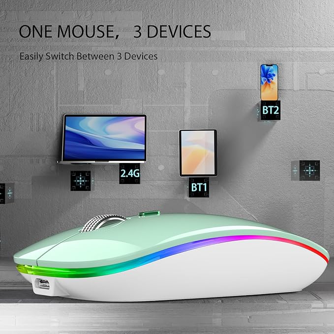 TENMOS Wireless Bluetooth Mouse, LED Slim Dual Mode (Bluetooth 5.1 + USB) 2.4GHz Rechargeable Silent Mint Green Mouse for Laptop/MacBook/iPad OS 13 and Above