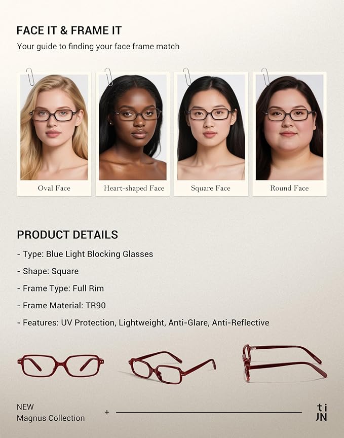 TIJN Blue Light Blocking Glasses Women Men Retro Cat Eye Square Oval Anti Glare Screen Computer Gaming Daily Eyeglasses TR90