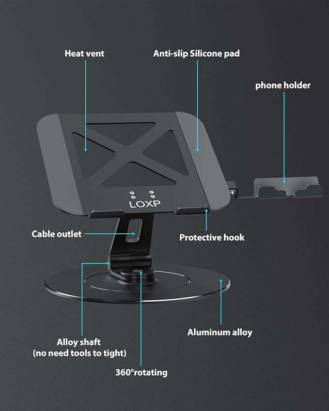 LOXP Adjustable 10-17.3" Laptop Stand for Desk with Larger Base & Phone Holder, Aluminum Desktop Organizer for Laptops, Ergonomic Lectern Stand Fits MacBook, HP, Dell, All Laptops
