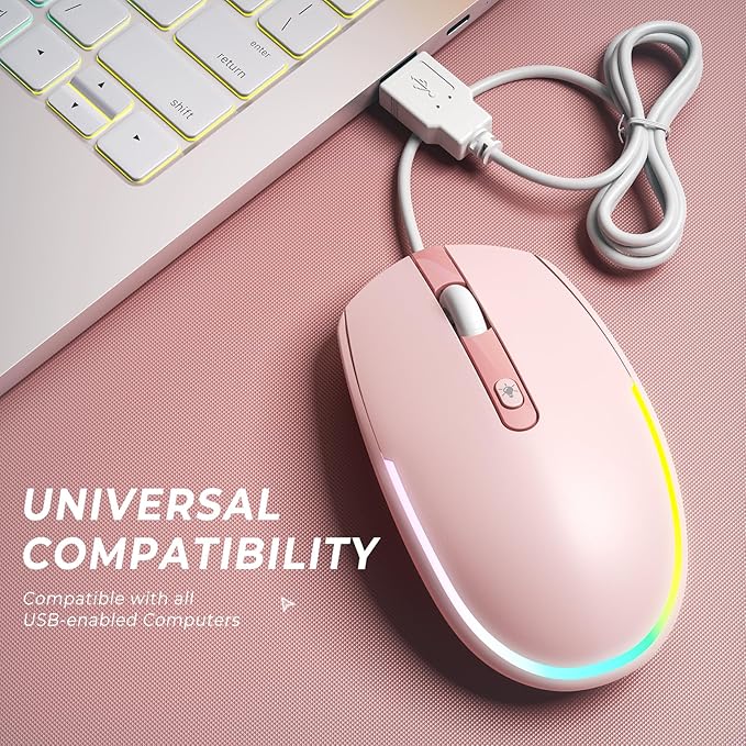 seenda Wired Mouse - USB Computer Mice Wired with RGB Backlit Optical LED Mouse with Attached USB Cord for Laptops Notebooks Chromebook - Pink