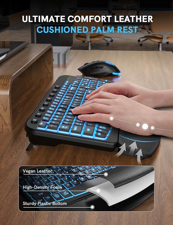 SABLUTE Ergonomic Wireless Keyboard and Mouse Combo - Wave Keyboard with Soft Leather Wrist Rest, Resistant Keys, RGB Backlit Rechargeable Set for PC/Mac/Chromebook (Black)
