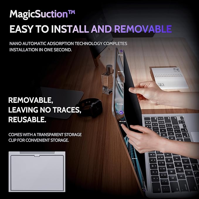 Peslv Privacy Screen for MacBook Air 13.6/13 Inch (2022-2026, M2, M3, M4, M5), MagicSuction™ Removable Anti Spy Black Protector, Glare Blue Light Filter for Mac Laptop Computer