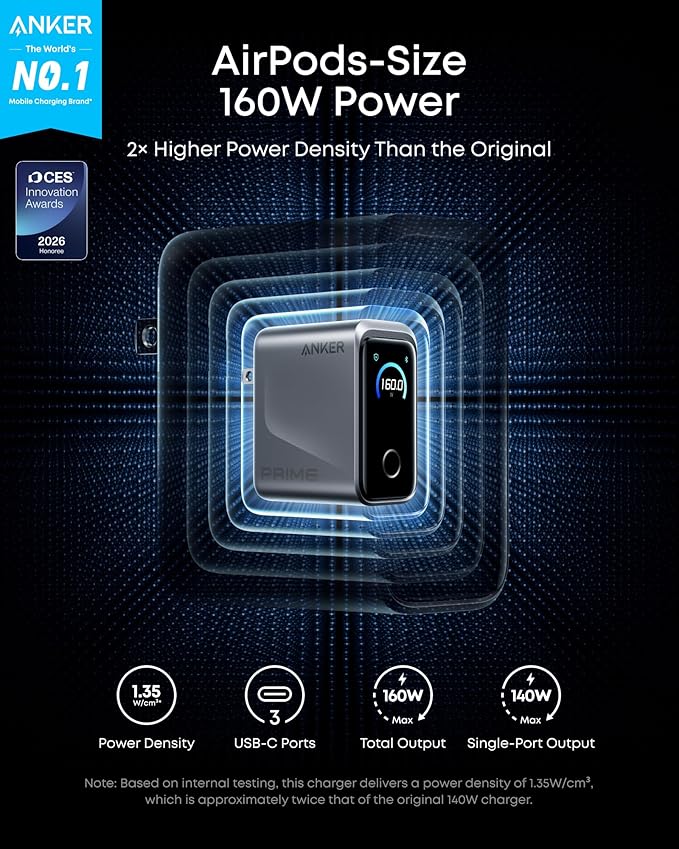 Anker Prime Charger,160W 3-Port Compact GaN USB C Charger Block,Smart Display and Touch Control,Up to 140W Single‑Port Charging,for MacBook Pro,Laptop,iPhone 17 Series(Cable Not Included,Non-Battery)