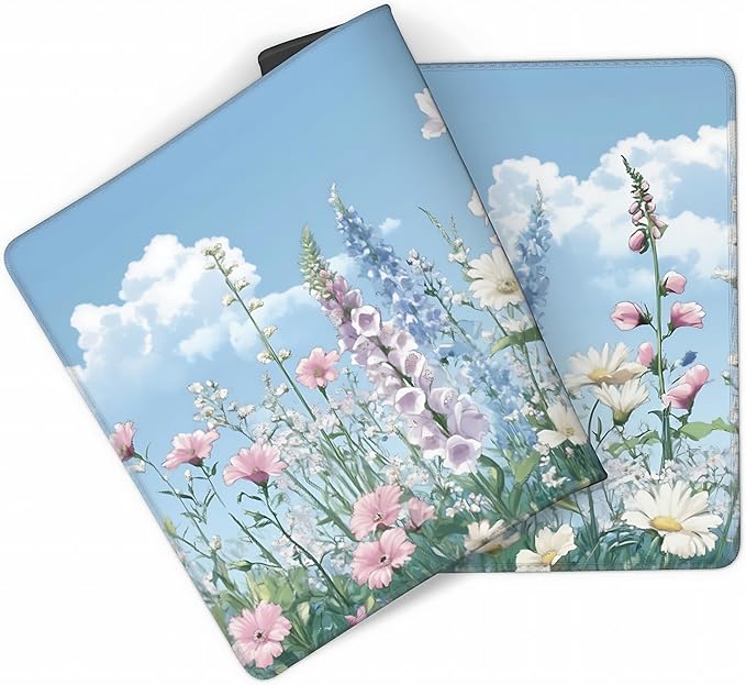 Cute Floral Aesthetic Wildflower Gaming Mouse Pad, Sky Blue Anime Desk Mat with Anti-Slip Base & Stitched Edges,35.4" x 15.7" in Desk Accessories for Women, Home Office Decor & Artistic Gift