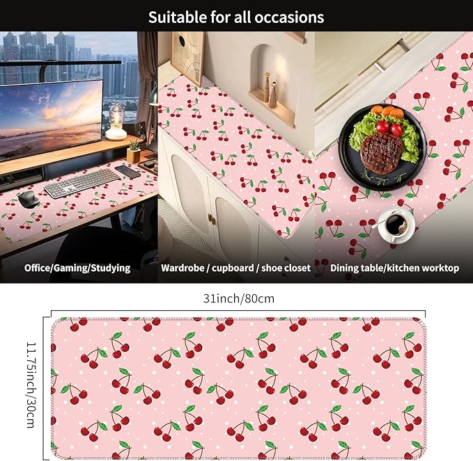 Desk Mat,Big Desk Pad,31.5 x 11.5in Extended Gaming Mouse Pad,Large Mouse Pad for Desk Rubber Base Mousepad with Stitched Edges,Keyboard Mouse Mat for Work Game Office Home - Cute Cherry
