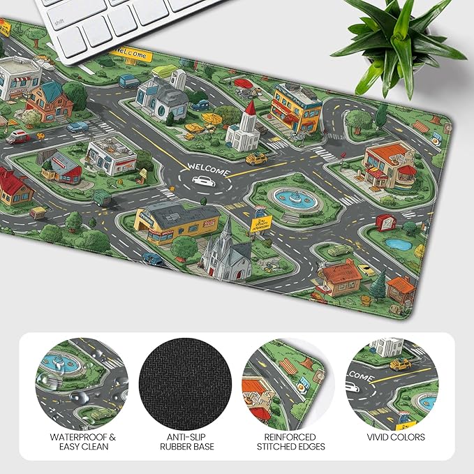 35.4 x 15.7 Inches XXL Large Gaming Mouse Pad, Cartoon City Street Map Design, Non-Slip Base, Waterproof and Scratch-Resistant Surface, Suitable for Home and Casual Gaming Desktop mats