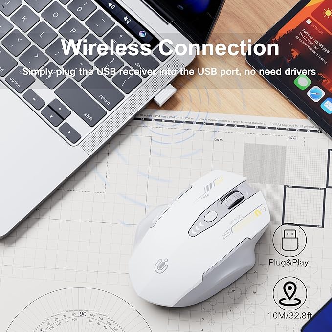 Uineer Wireless Mouse,[Upgraded] Rechargeable 2.4GHz (Battery Level Visible) Ergonomic Computer Mouse,4 Levels DPI, Wireless Mice for Laptop PC Computer(Grey and White)