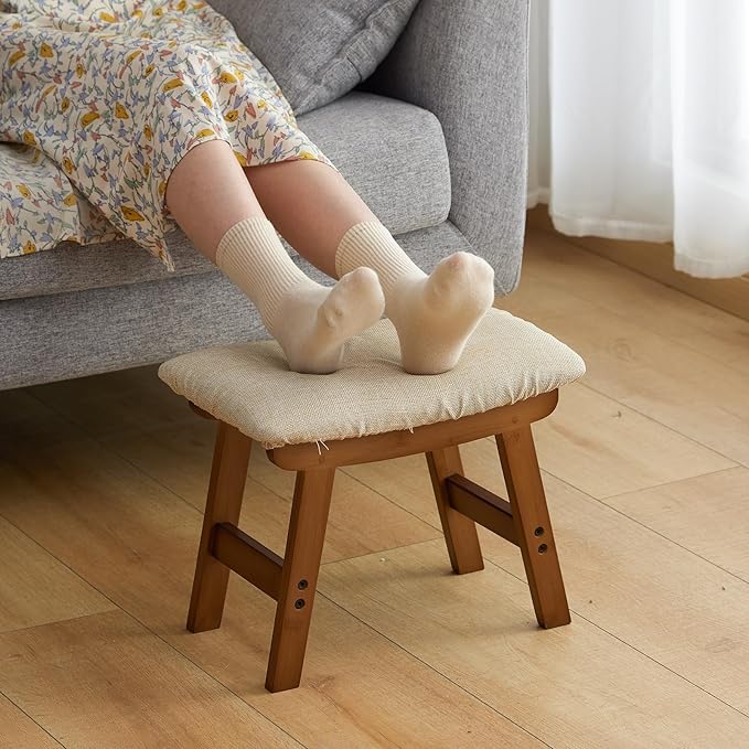 Foot Stool Ottoman Foot Rest Under Desk,Small Stool for Living Room, Bedroom and Kitchen (Brown Legs - Beige Stool Surface)