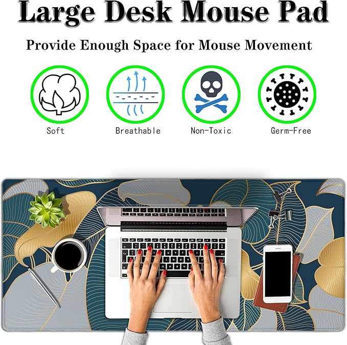 Mouse Pad for Women Gold Blue Desktop Pad Gaming Mouse Pads Large Mousepad Office Pad Waterproof Non-Slip Rubber Base 35.4" X 15.7" for Game Office, Precious Leaves of The Jungle