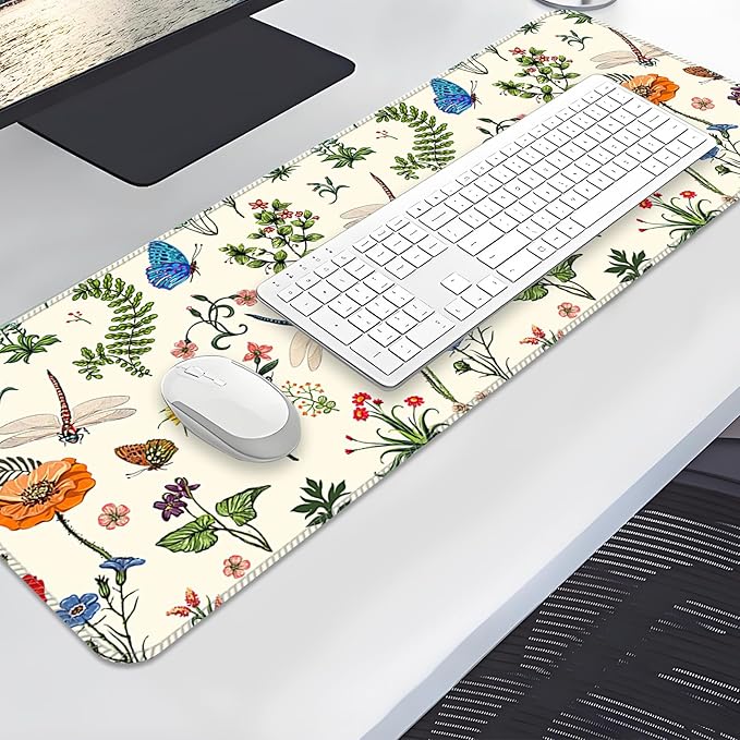 Desk Mat,Big Desk Pad,31.5 x 11.5in Extended Gaming Mouse Pad,Large Mouse Pad for Desk Rubber Base Mousepad with Stitched Edges,Keyboard Mouse Mat for Work Game Office Home - Dragonflies Flower