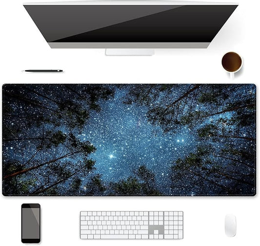 XXL Waterproof Office Desk Pad Protector 35.4x15.7 Inch - Extended Gaming Mouse Pad with Non-Slip Rubber Base, Thickened Keyboard Mat, Stitched Edges & Forest Starry Design