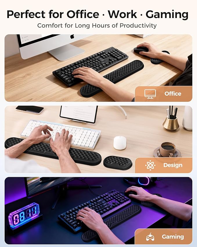 Wrist Rest Set for Keyboard and Mouse, Ergonomic Wrist Support with Memory Foam, Silky Lycra Cover, Non-Slip Base, Helps Ease Wrist Pressure and Fatigue During Long Typing and Gaming Sessions (Black)