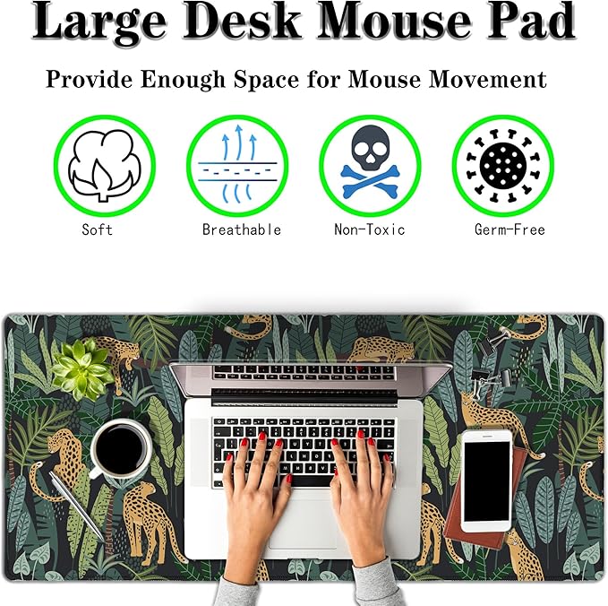 Extra Large Mouse Pad Yellow Green Office Desk Mats Gaming Mousepad Ga Mouse Pad Non-Slip Rubber Base Waterproof with Stitched Edges 35.4" X 15.7" for Game Office, Tropical Leaves