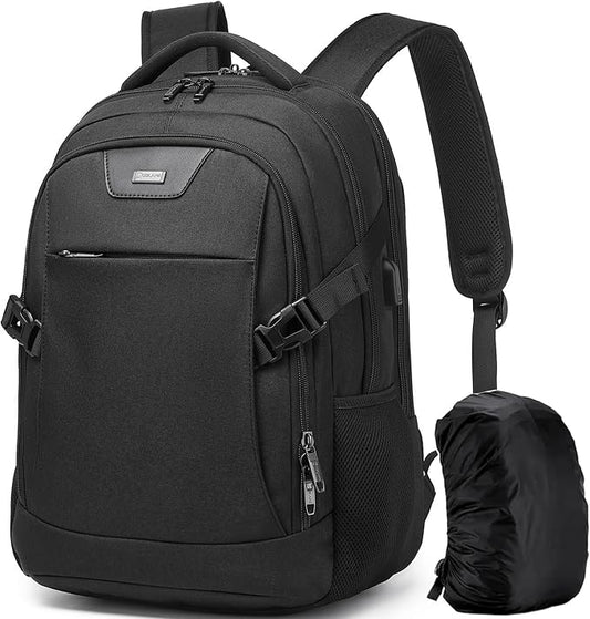 DUSLANG Travel Work Laptop Backpack With USB Charging Charger Port Fits 15.6 Inch Notebook Business Anti Theft College Computer Bag Back Pack for Women Men with Rain Cover - Black