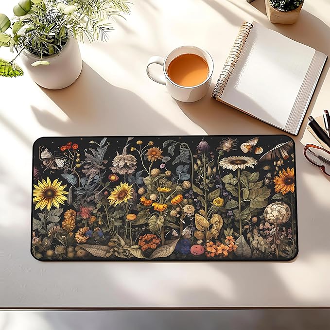 Retro Mouse Pad XXL， Flower Sunflower Plant Desk Mat, Long Computer Mat, Gaming Mouse Keyboard Mats, Full Desktop Protector, Nature-Inspired Decoration Home Office Desk Accessory 31.5" x 15.7"