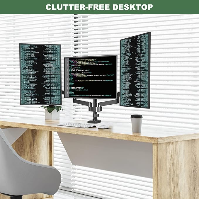 UPGRAVITY Triple Monitor Desk Mount for Three Flat/Curved Computer Screens up to 27 inch, Fully Adjustable Gas Spring Triple Monitor Arms Hold up to 17.6lbs, VESA 75x75/100x100mm