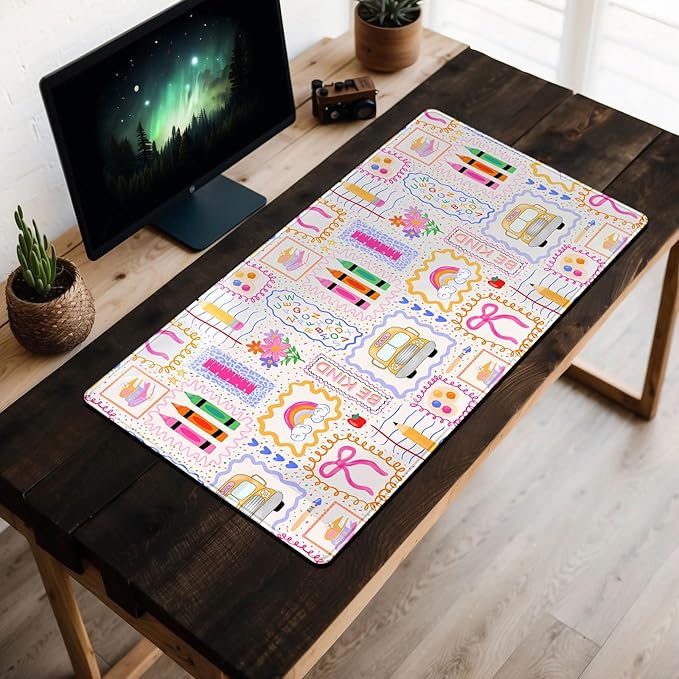 Pink Cute Desk Mat 31.5''X15.7'' Teacher Desk Pad Large Mouse Pad Teacher Appreciation Gift Back to School Extended Gaming Mousepad XXL Keyboard Mouse Mat for Computer Laptop Classroom Decor