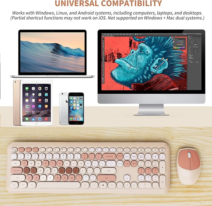 Wireless Keyboard and Mouse Combo, Colorful Ergonomic Full Size Retro Low-Noise Keyboard with Cute keycaps, Compatible with Windows, PC, Perfer for Home and Office Keyboards (Brown)