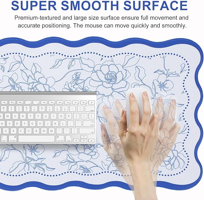 L-SPOUTTO Vintage Floral Mouse Pad,Aesthetic Desk Mat XXL Large Scalloped Gaming Mousepad,35.4x15.7in Non-Slip Keyboard Pad Waterproof Desktop Mat for Laptop Computer Work Game Home Office-Blue