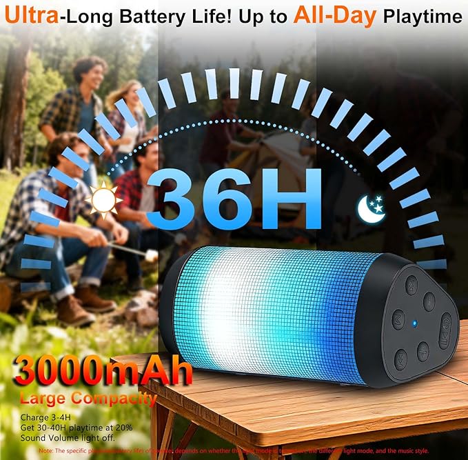 Portable Wireless Bluetooth Speaker with HD Powerful Stereo Sound, 8 Cool LED Light Modes, IPX4 Waterproof, 30H Playtime, TWS Pairing, BT5.3 with AUX-in, for Outdoor/Home/Party, Ideal Gift