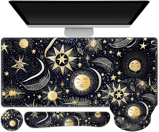 Gaming Mouse Pad, Large Desk Mat, Cute Desk Pad Protector, 4in1 XXL Mousepad + Keyboard Wrist Rest+Mouse Wrist Rest+Coaster Set with Ergonomic Desk Pad for Home Office PC Computer, Stars and Moon