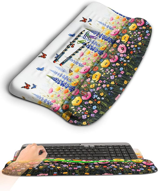 Ergonomic Wave Wrist Rest with Keyboard Stand, Cushioned Palm Rest, Comfortable Integrated Memory Foam for Natural Typing and Relieve Wrist Pain, Flowers and Butterflies