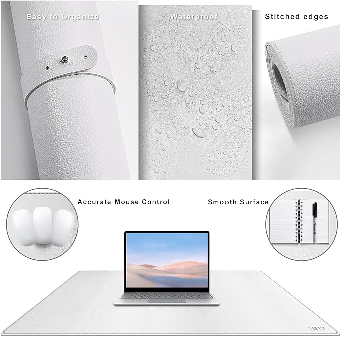 Cacoy 36" x 20" Leather Desk Mat, XXL Large Gaming Keyboard Mouse Pad, Computer Desk Pad Protector, Waterproof Desk Mats on Top of Desks, Office Desk Blotters (White)