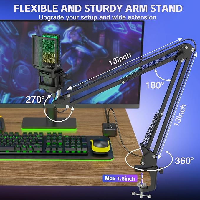 ZealSound Gaming Microphone, USB Mic for PC with Noise Cancellation, RGB, Mute, Gain Control, Zero-Latency Monitoring, Boom Arm, Tripod Stand & Pop Filter, for Mac, iPhone, Streaming, Twitch, YouTube