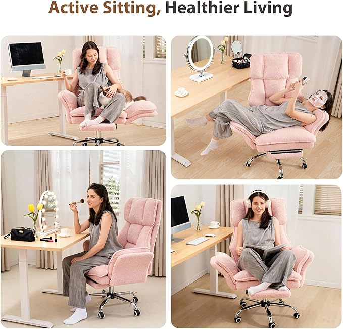 Big and Tall Office Chair, Flip Armrests for Pets & Cross Legged Sitting, Executive Ergonomic Computer Gaming Chair with Foot Rest, Teddy Fleece Wide Seat Reclining Desk Chair, Pink