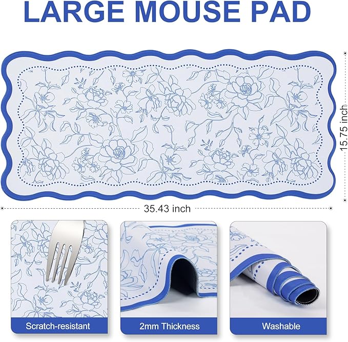 L-SPOUTTO Vintage Floral Mouse Pad,Aesthetic Desk Mat XXL Large Scalloped Gaming Mousepad,35.4x15.7in Non-Slip Keyboard Pad Waterproof Desktop Mat for Laptop Computer Work Game Home Office-Blue