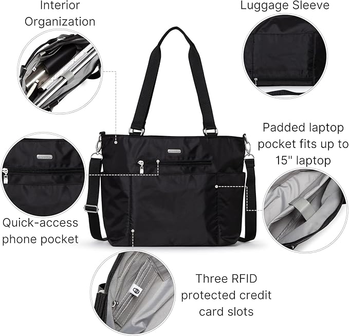 Baggallini Essential Laptop Tote - Work Tote Bag with Laptop Sleeve - Lightweight Travel Crossbody Shoulder Bag for Women