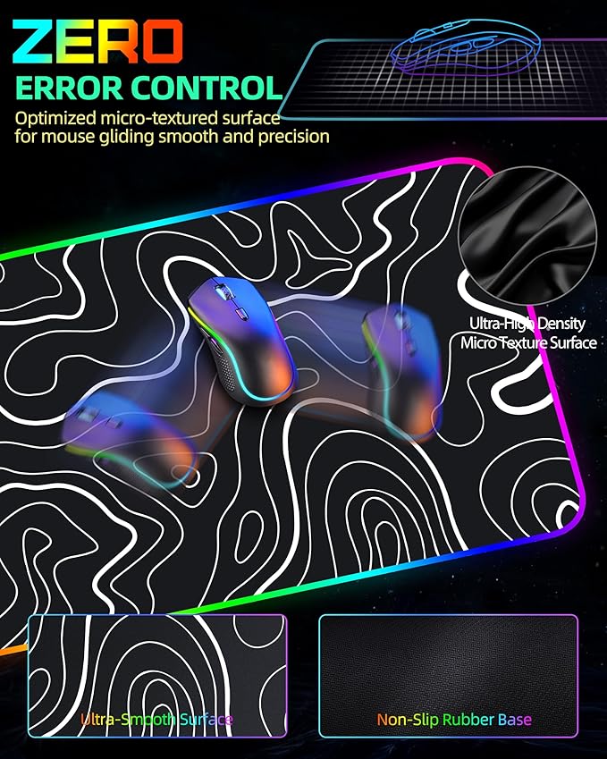 Wireless Charging Mouse Pad, RGB Gaming Mousepad, 31.5"x15.7" Extra Large Desk Pad, 13 Light Modes, Non-Slip Base, Waterproof Computer Keyboard Mat for MacBook, PC, Laptop, Black Topographic Line