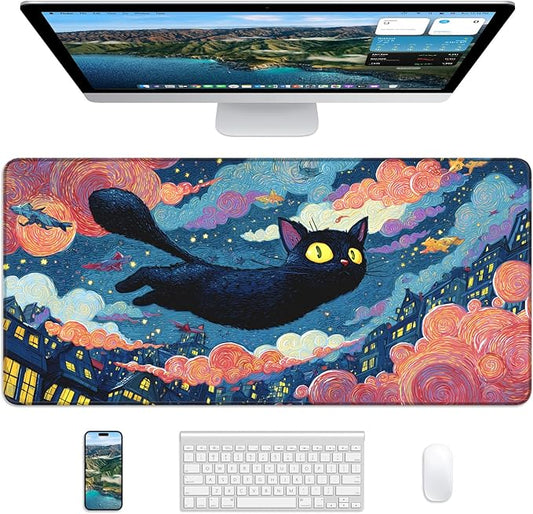 XL Gaming Mouse Pad, 31.5x15.7'' Large Desk Mat with Anti-Slip Rubber Base & Stitched Edges for Gaming, Office, Home - Flying Cat