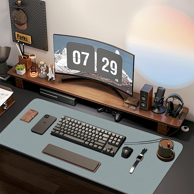 Bleswin Multifunctional Large Desk Mat, Double Sided Computer Desk pad, Extended Mouse Mat, Office Desk Protector with Waterproof PU Leather, 35.4''×16.9'', Office Home Writing Pad (Grey+Light Blue)